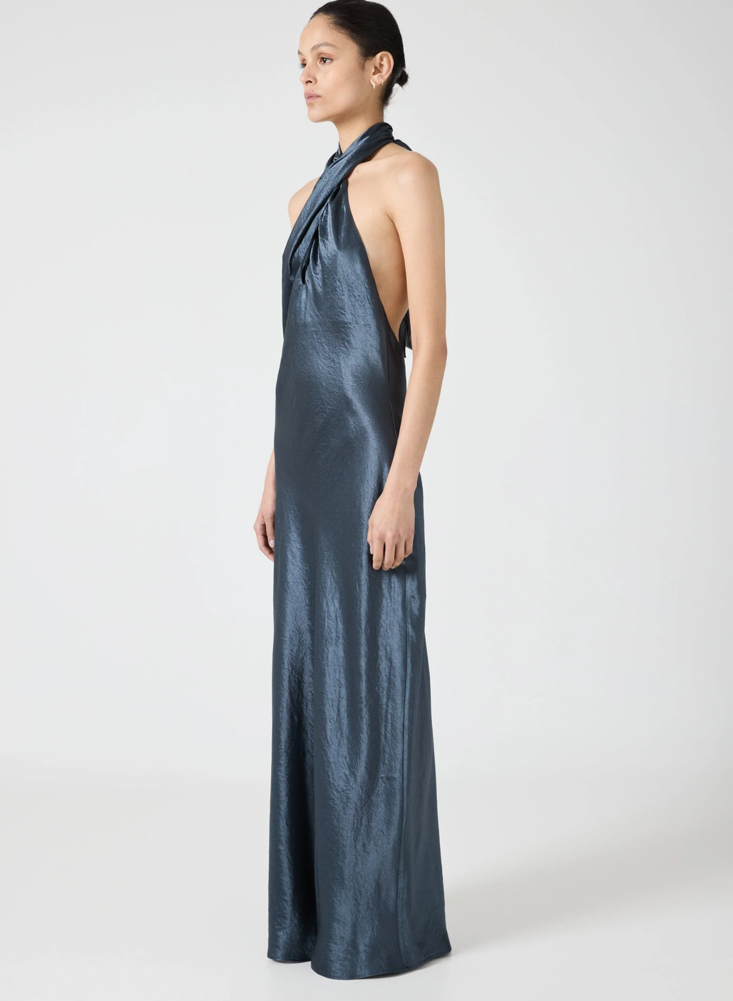 Crush Wrap Neck Floor Length Dress - Gun Metal