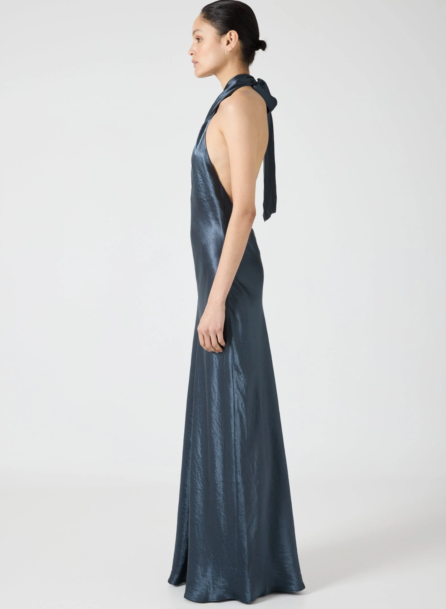 Crush Wrap Neck Floor Length Dress - Gun Metal