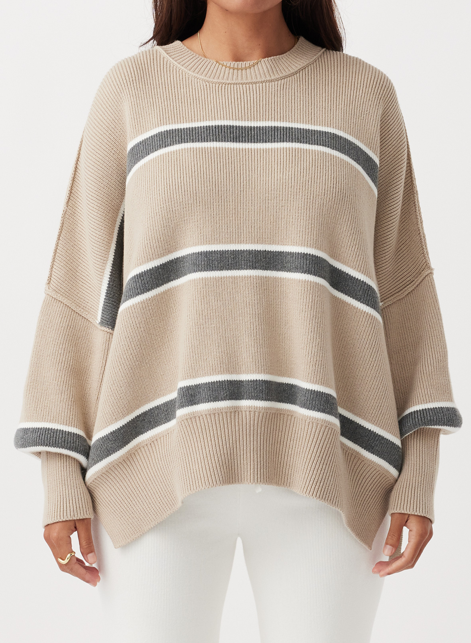 Harper Stripe Sweater - Taupe, Cream & Dark Grey Marle
