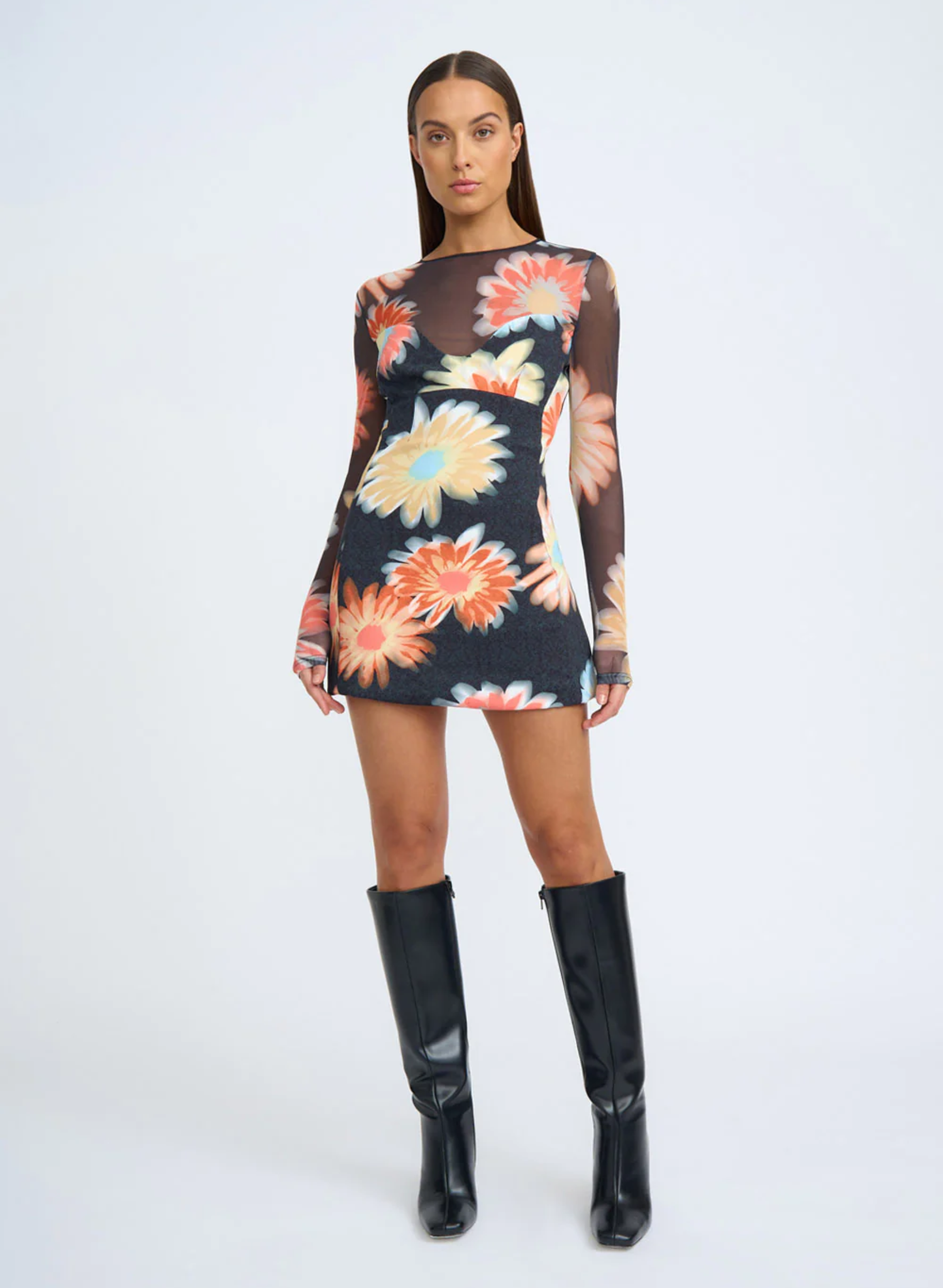 Davina Daisy Mini Dress - Black Orange Multi | Shop By Johnny