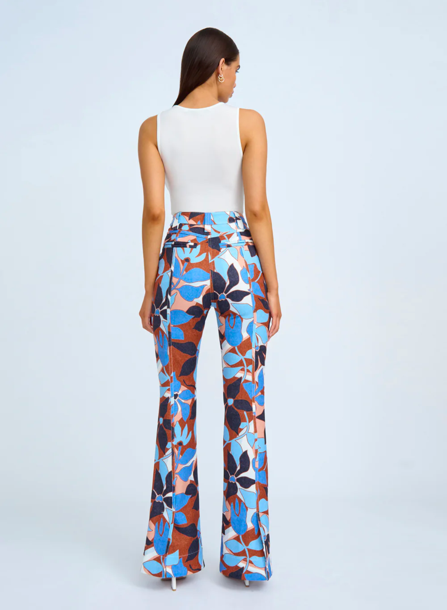 OPHELIA FLORAL FLARE PANT IN NAVY TAN BROWN IVORY