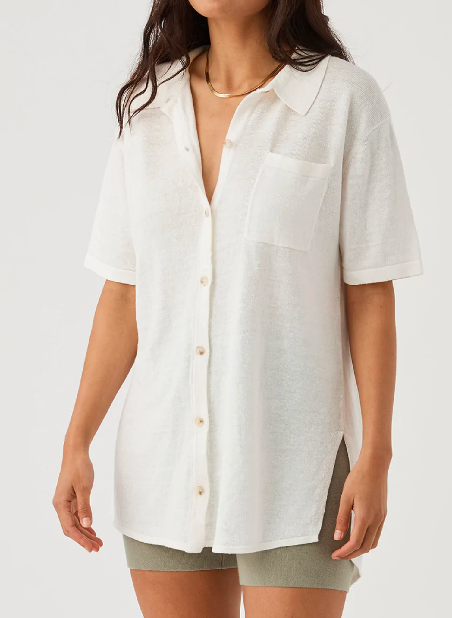 Brie Shirt in Cream. Button Down Front Front Pockets Short Sleeve Oversized Shirt Knitted Organic Linen Ethically produced Free of harmful chemicals: OEKO-TEX Standard 100 This piece is of 100% natural linen, carefully knitted with zero waste. With this is mind, this item appreciates good care so it can be enjoyed for seasons to come.