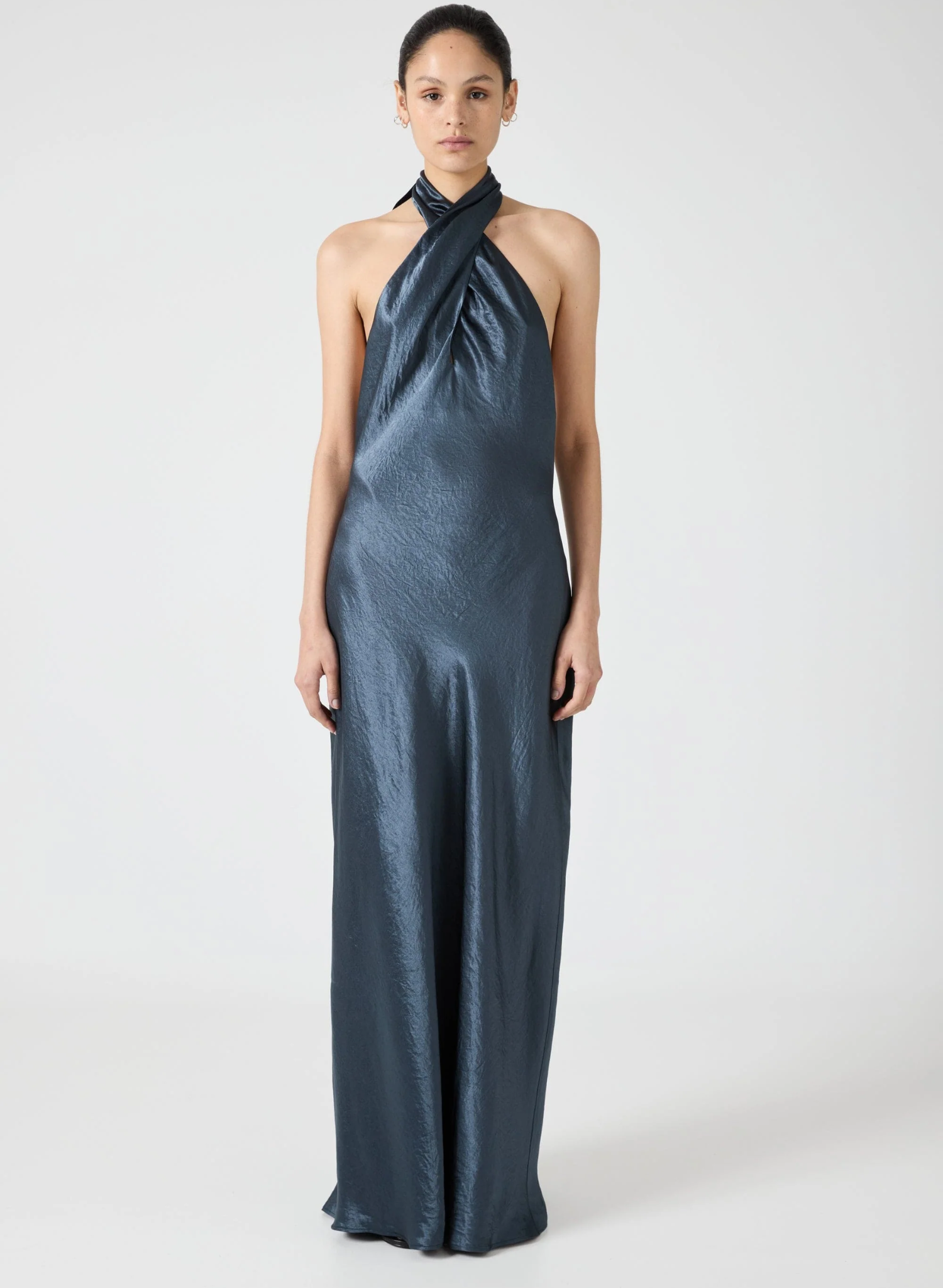 Crush Wrap Neck Floor Length Dress - Gun Metal